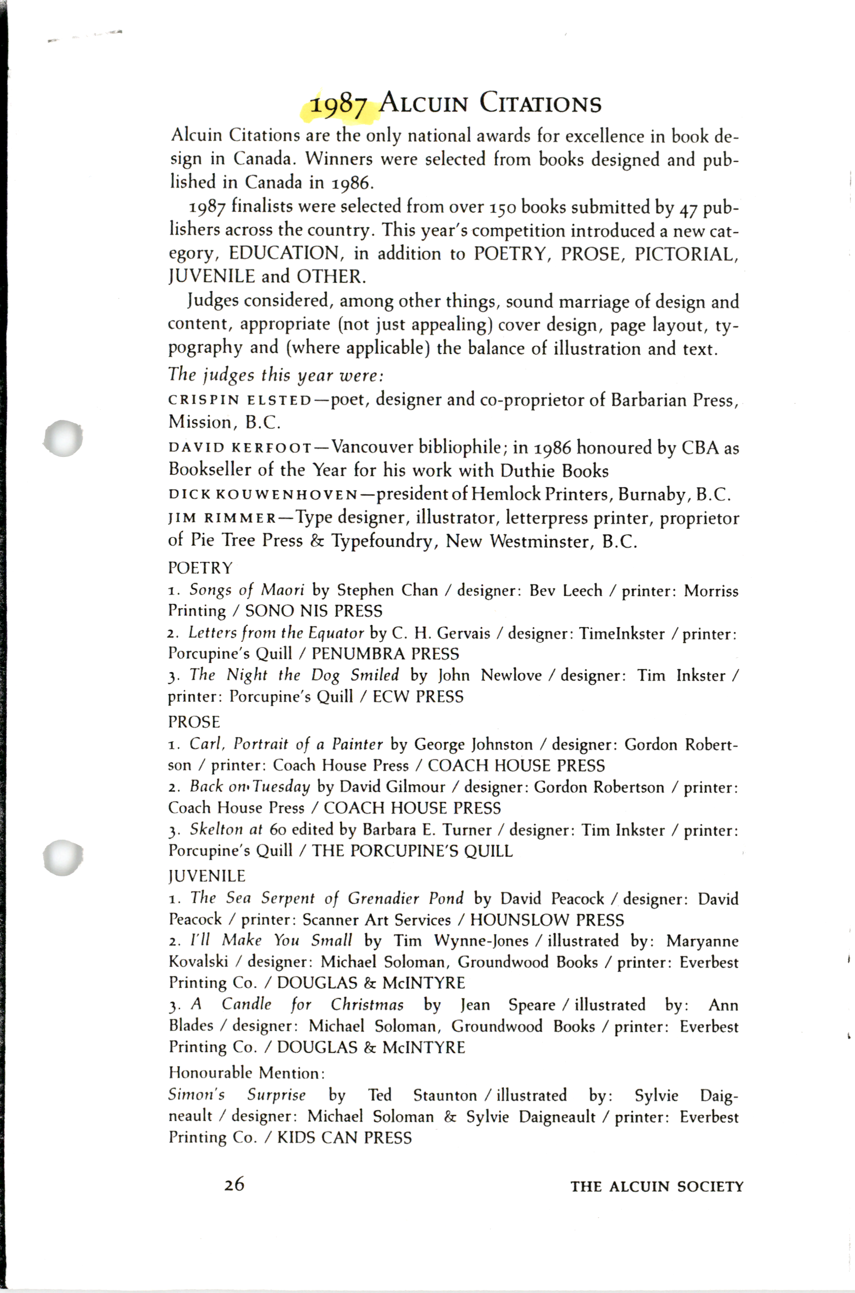 Cover page for 1987 Alcuin Award Winner Catalogue