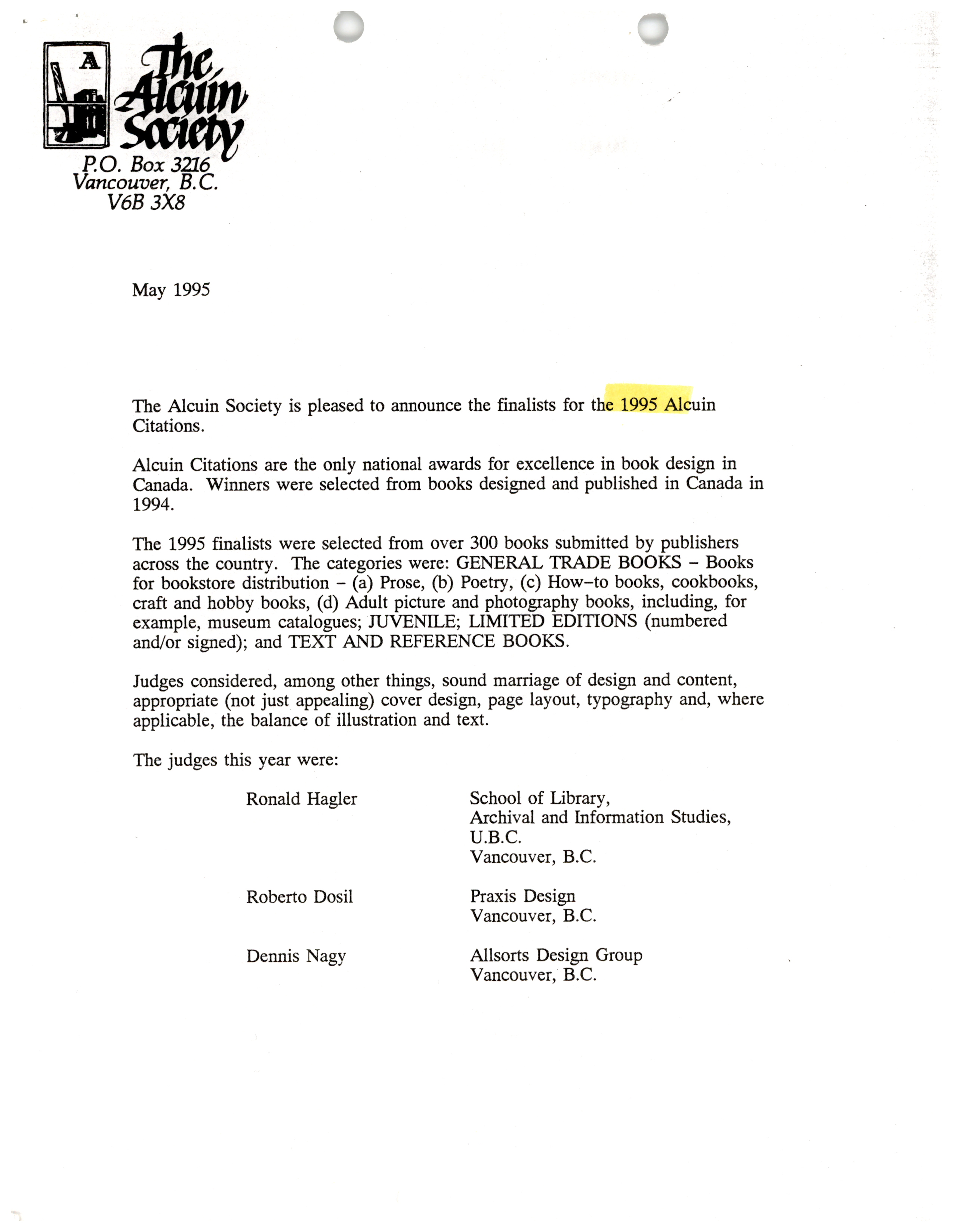 Cover page for 1995 Alcuin Award Winner Catalogue